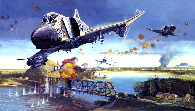 Jeff Hewitt's McDonnell Douglas F-4E Phantom bombing the Thanh Hoa Bridge,
          North Vietnam, 1972.